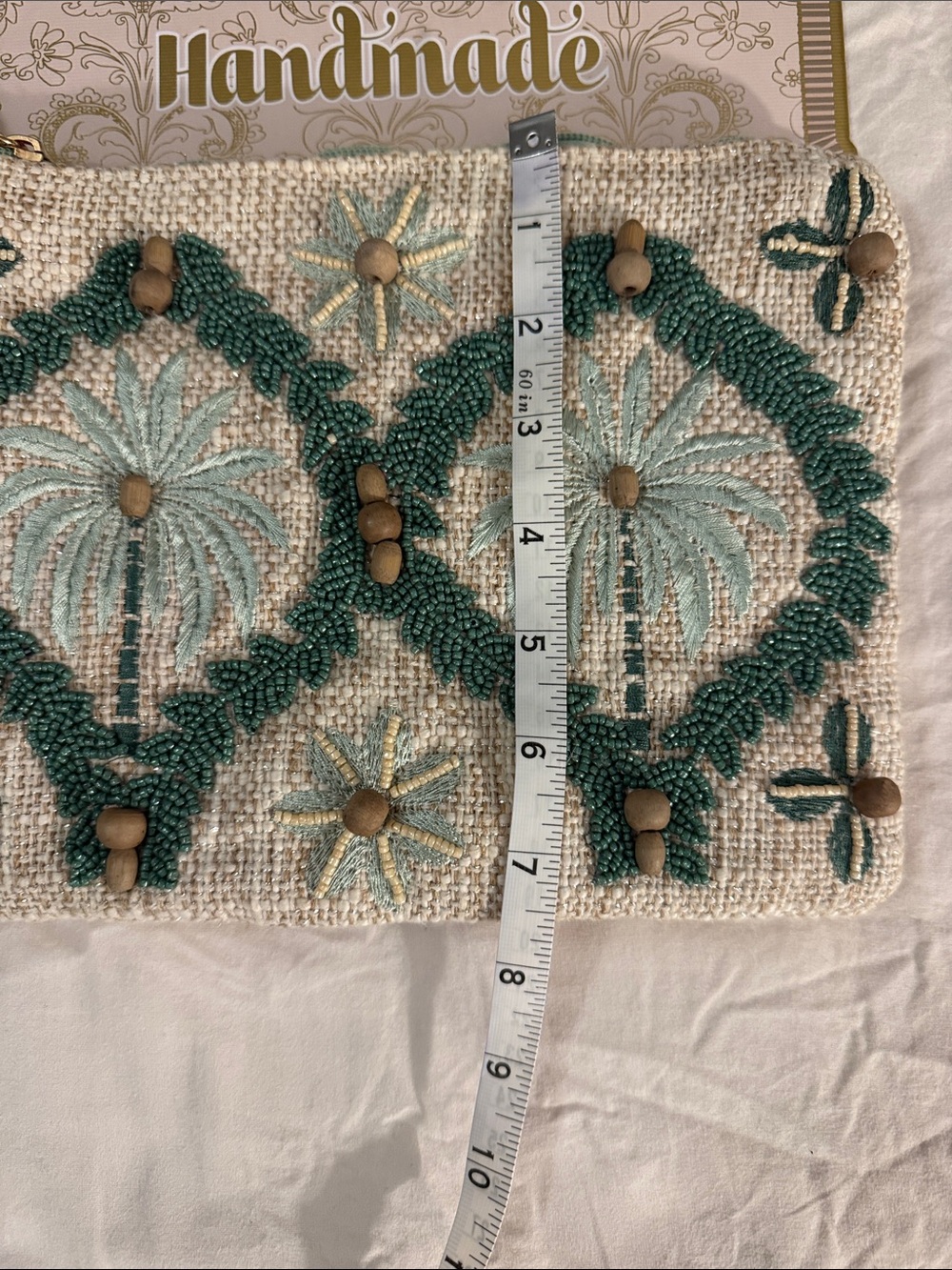India Handmade Embroidered Beaded Pouch in Teal and Cream - Picture 10 of 10
